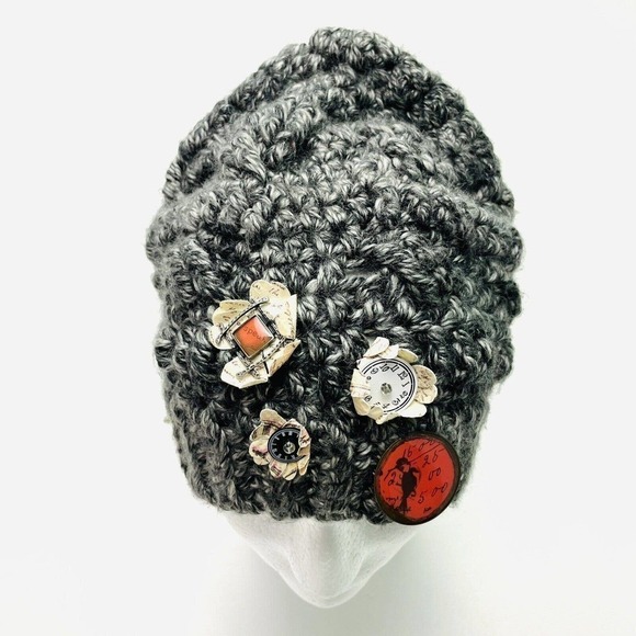 Handmade Crochet Beanie Hat Women OS Gray Steampunk Willow Wear Designs - Picture 1 of 4